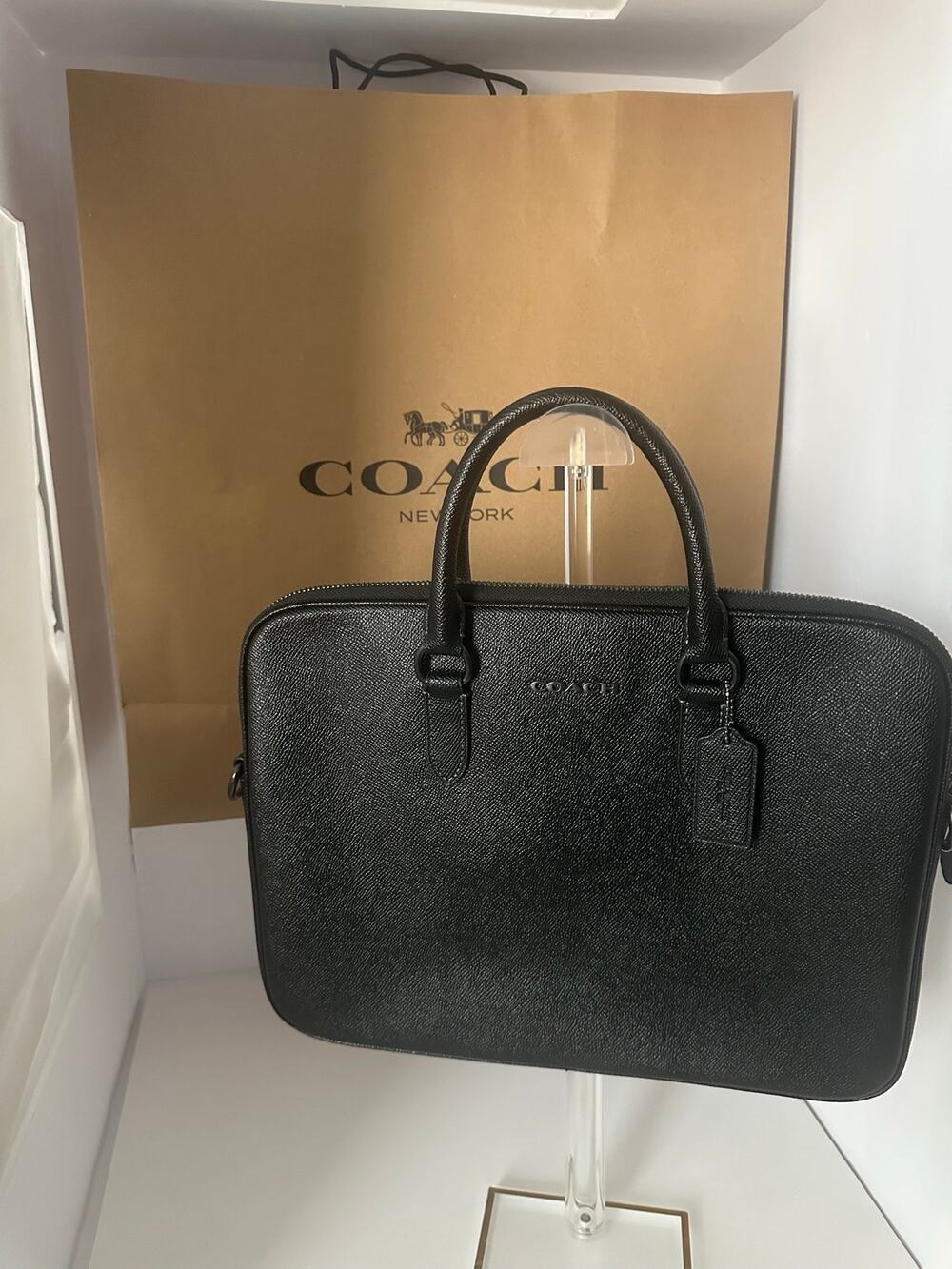 Coach C6812 Black Crossgrain Leather Slim Briefcase Laptop Business Bag Strap - Picture 1 of 9